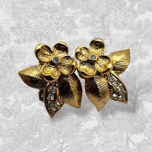 Christian Dior Vintage Cluster Flower Leaf 1980's Gold Rhinestone Clip Earrings